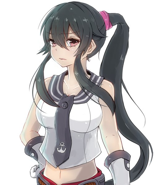 Anime picture 1500x1750 with kantai collection yahagi light cruiser koenza botoke single long hair tall image looking at viewer open mouth light erotic black hair simple background white background bare shoulders cleavage ponytail pink eyes hand on hip frown girl gloves