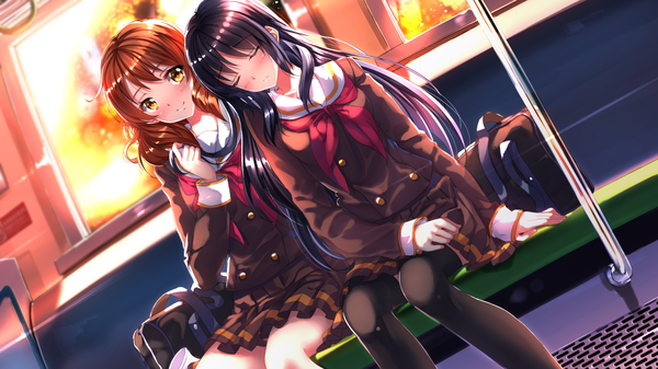 Anime picture 1920x1080 with hibike! euphonium kyoto animation kousaka reina oumae kumiko swordsouls long hair blush highres black hair smile brown hair wide image sitting multiple girls brown eyes pleated skirt sunlight wallpaper plaid skirt sleeping