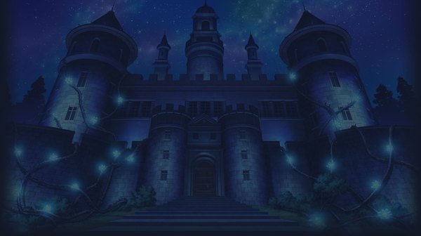 Anime picture 1840x1032 with jewelic nightmare idea factory highres wide image night night sky no people plant (plants) tree (trees) window building (buildings) star (stars) stairs castle door