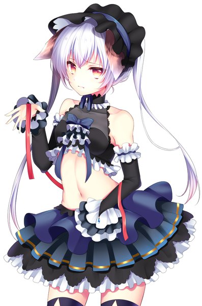 Anime picture 700x1056 with original agekichi (heart shape) single long hair tall image looking at viewer fringe simple background hair between eyes red eyes white background twintails bare shoulders animal ears silver hair bare belly midriff zettai ryouiki frilly skirt girl