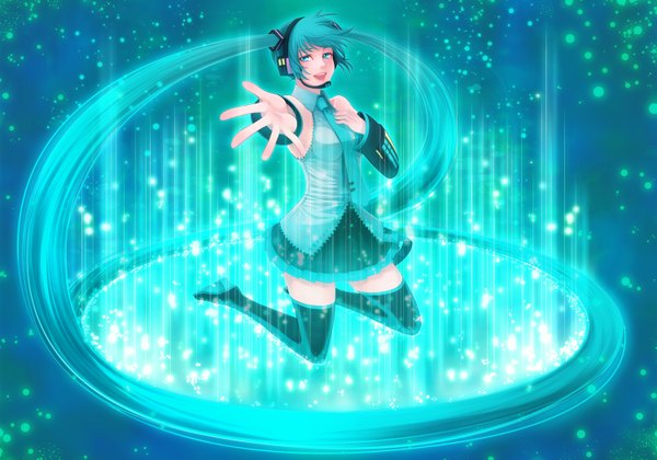 Anime picture 1500x1050 with vocaloid hatsune miku takatsuki kahiro single long hair twintails green eyes aqua hair kneeling outstretched arm singing girl thighhighs detached sleeves