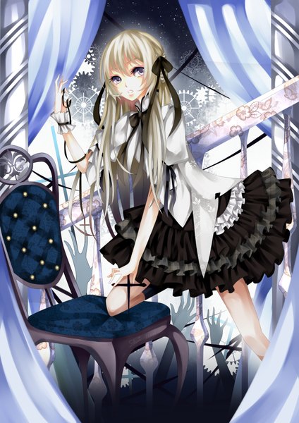 Anime picture 2480x3507 with original stari single long hair tall image highres blonde hair black eyes girl dress ribbon (ribbons) wrist cuffs armchair gears