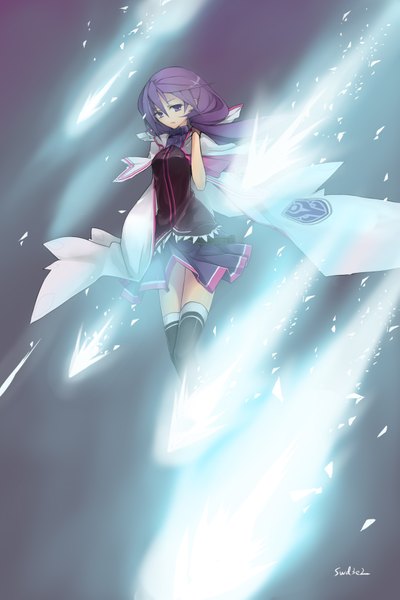 Anime picture 1181x1771 with elsword aisha landar elemental master (elsword) swd3e2 single long hair tall image simple background purple eyes twintails purple hair magic hand on shoulder girl thighhighs dress skirt black thighhighs cape