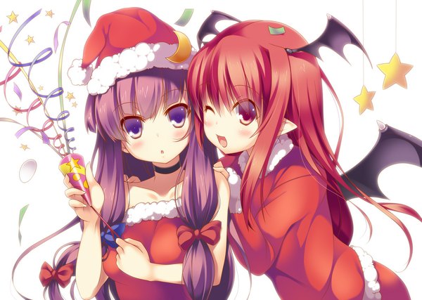 Anime picture 1044x744 with touhou patchouli knowledge koakuma yanagi yuu long hair blush open mouth red eyes purple eyes multiple girls purple hair red hair head wings girl dress bow 2 girls hair bow wings santa claus hat
