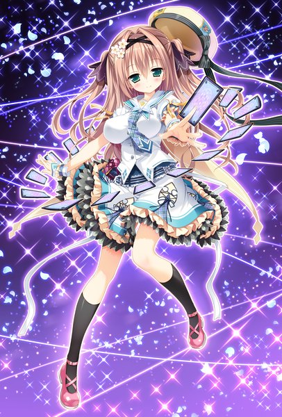 Anime picture 1380x2037 with mayoeru futari to sekai no subete hasekura otoha single long hair tall image looking at viewer blush blue eyes smile brown hair game cg magic girl dress ribbon (ribbons) hair ribbon petals socks hairband black socks