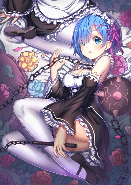 Anime picture 2480x3507 with re:zero kara hajimeru isekai seikatsu white fox rem (re:zero) ram (re:zero) chunrijun (springer) tall image blush fringe highres short hair open mouth blue eyes light erotic multiple girls blue hair maid girl thighhighs dress uniform