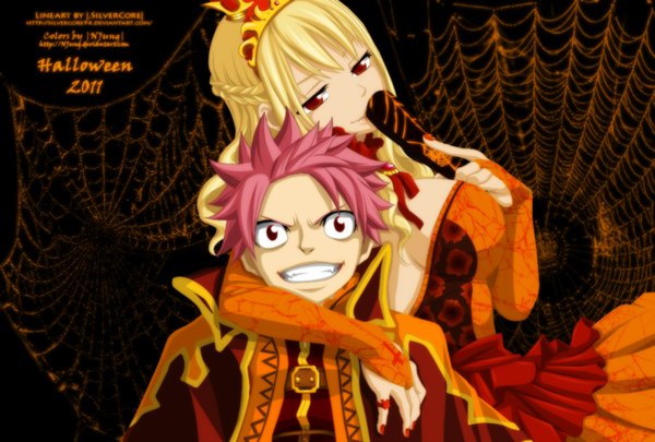 Anime picture 1000x676 with fairy tail lucy heartfilia natsu dragneel natilokijung long hair short hair breasts light erotic blonde hair smile red eyes pink hair nail polish coloring black background halloween 2011 girl dress boy