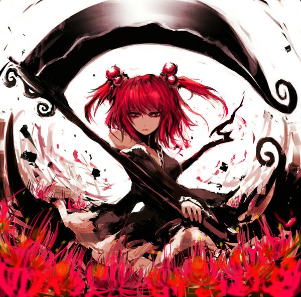 Anime picture 1000x987 with touhou onozuka komachi 31 violence (artist) looking at viewer fringe short hair red eyes bare shoulders pink hair two side up girl dress hair ornament flower (flowers) weapon detached sleeves scythe higanbana