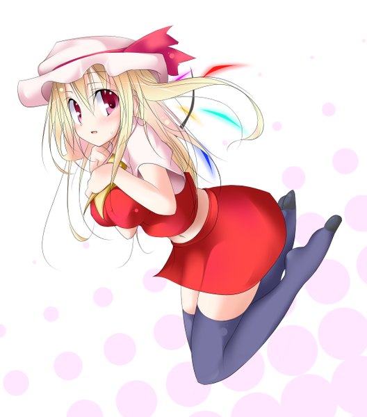 Anime picture 1142x1298 with touhou flandre scarlet oouso (usotsukiya) single long hair tall image blonde hair red eyes white background girl thighhighs skirt black thighhighs wings bonnet skirt set