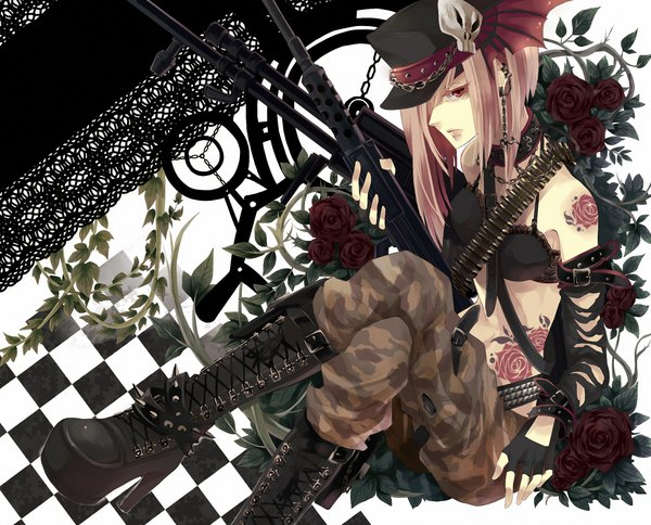 Anime picture 2144x1732 with original janis (artist) fringe highres red eyes pink hair hair over one eye tattoo checkered background military girl flower (flowers) weapon plant (plants) boots rose (roses) gun collar knee boots bikini top