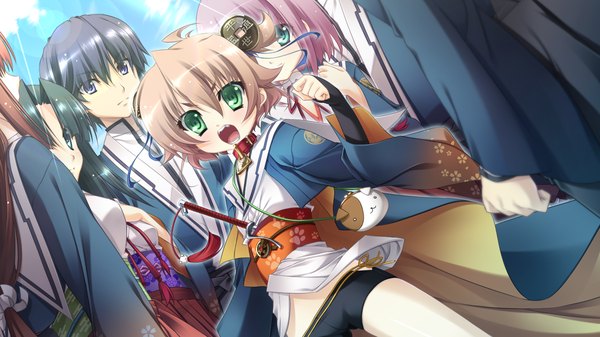 Anime picture 1280x720 with appare! tenka gomen katagiri hinata short hair open mouth brown hair wide image green eyes game cg traditional clothes loli girl boy