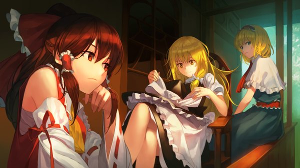 Anime picture 2560x1440 with touhou hakurei reimu kirisame marisa alice margatroid jandy long hair highres short hair blue eyes blonde hair red eyes brown hair wide image sitting multiple girls yellow eyes girl dress bow hair bow