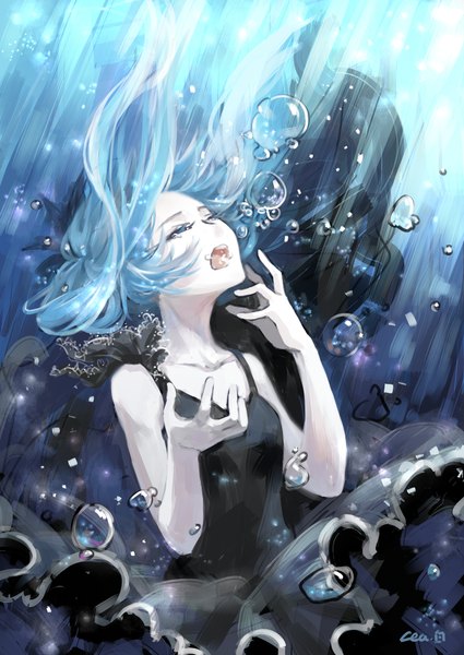 Anime picture 1500x2118 with vocaloid shinkai shoujo (vocaloid) hatsune miku cea single long hair tall image open mouth twintails bare shoulders signed blue hair eyes closed underwater girl dress black dress bubble (bubbles)