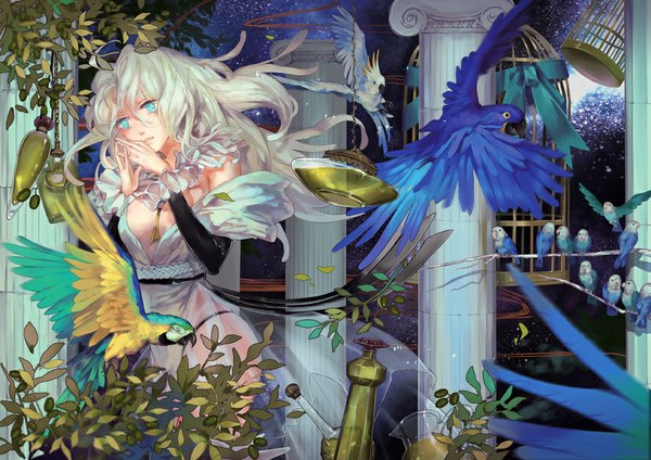 Anime picture 850x601 with original yunvshen single long hair fringe breasts light erotic blonde hair standing looking away cleavage aqua eyes girl plant (plants) animal bird (birds) branch cage parrot