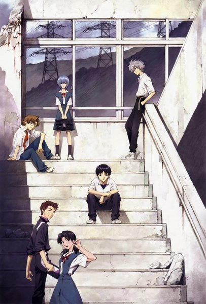 Anime picture 1997x2947 with neon genesis evangelion rebuild of evangelion evangelion: 2.0 you can (not) advance gainax ayanami rei ikari shinji nagisa kaworu horaki hikari suzuhara touji aida kensuke tall image highres short hair black hair blonde hair brown hair standing sitting twintails multiple girls