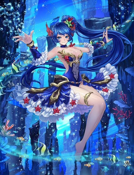 Anime picture 727x949 with original happyim single tall image looking at viewer fringe breasts blue eyes light erotic bare shoulders blue hair cleavage full body bent knee (knees) very long hair barefoot legs floating hair side ponytail spread arms