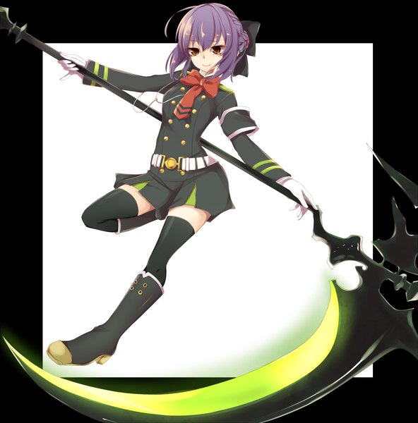 Anime picture 1111x1127 with owari no seraph wit studio hiiragi shinoa tama mo single long hair tall image fringe simple background smile holding brown eyes payot looking away purple hair bent knee (knees) girl thighhighs gloves uniform