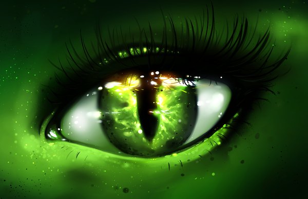 Anime picture 1381x895 with original ryky single looking at viewer green eyes reflection close-up slit pupils green skin eye
