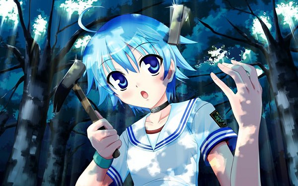 Anime picture 1024x640 with doinaka channel 5 mikagami ren short hair open mouth blue eyes wide image blue hair game cg girl serafuku