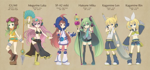 Anime picture 1300x608 with vocaloid hatsune miku megurine luka kagamine rin kagamine len gumi miki (vocaloid) wogura long hair short hair breasts open mouth blue eyes blonde hair wide image purple eyes twintails bare shoulders multiple girls pink hair