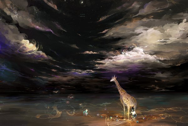 Anime picture 1400x943 with sarnath short hair black hair sky cloud (clouds) night scenic hat animal serafuku bird (birds) moon star (stars) giraffe
