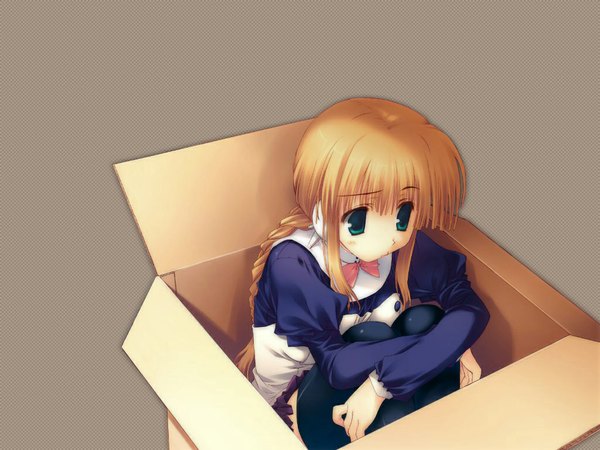 Anime picture 1024x768 with to heart 2 leaf (studio) silfa mitsumi misato single long hair blonde hair sitting green eyes looking away braid (braids) from above grey background wallpaper in container in box girl thighhighs box robot ears