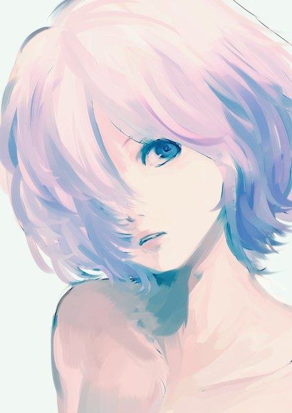 Anime picture 850x1200 with tokyo ghoul tokyo ghoul:re studio pierrot kirishima touka ten (pixiv) single tall image fringe short hair simple background bare shoulders blue hair looking away pink hair parted lips multicolored hair nude hair over one eye grey background portrait