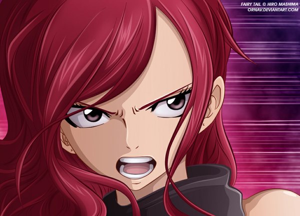 Anime picture 1024x736 with fairy tail erza scarlet ornav single long hair open mouth simple background brown eyes red hair coloring girl
