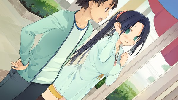 Anime picture 1280x720 with ima sugu onii-chan ni imouto da tte iitai! shigemori mao akinashi yuu long hair blush short hair black hair wide image green eyes game cg ponytail couple girl dress boy pendant