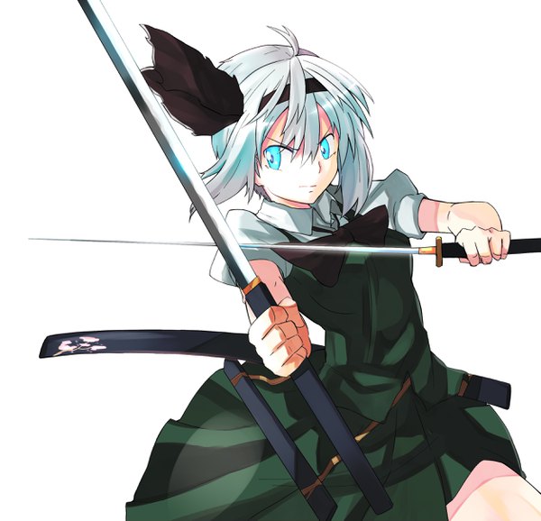 Anime picture 2506x2418 with touhou konpaku youmu tunamayo40 single fringe highres short hair blue eyes simple background hair between eyes white background holding looking away ahoge white hair pleated skirt short sleeves puffy sleeves fighting stance serious