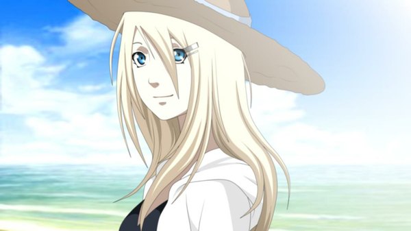 Anime picture 1024x576 with tagme (artist) single long hair blue eyes blonde hair wide image light smile girl hair ornament hat hairclip sea straw hat