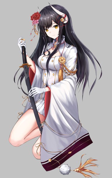 Anime picture 1000x1588 with azur lane hiei (azur lane) peupeuking single long hair tall image fringe black hair simple background holding yellow eyes cleavage full body long sleeves hair flower horn (horns) grey background wide sleeves bare legs thighs