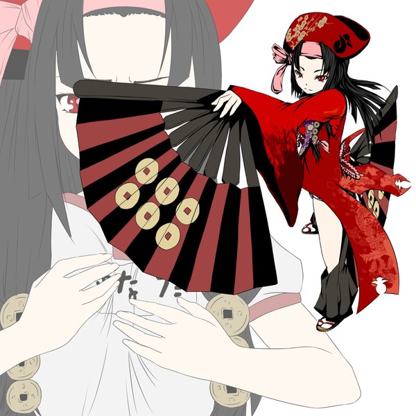 Anime picture 1200x1200 with hyakka ryouran samurai girls arms corporation sanada yukimura (hyakka ryouran) ayase tamaki single long hair black hair red eyes traditional clothes japanese clothes loli zoom layer girl hat fan