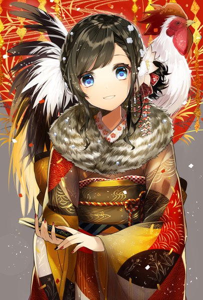 Anime picture 1968x2913 with original sogawa single tall image looking at viewer highres short hair blue eyes black hair smile nail polish traditional clothes japanese clothes hair flower fingernails wide sleeves teeth fur trim black nail polish red nail polish