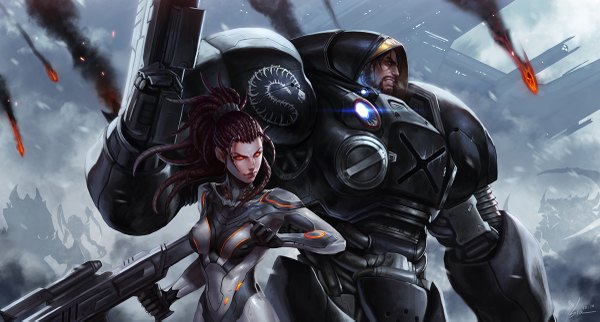 Anime picture 1200x645 with starcraft blizzard entertainment sarah kerrigan james raynor (starcraft) zerg (starcraft) terran (starcraft) kim tae kyeong smile red eyes wide image signed grin glowing smoke glowing eye (eyes) battle fog science fiction mist girl