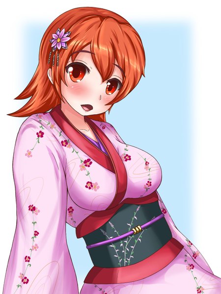 Anime picture 1200x1600 with final fantasy square enix sakashi shinne (aquas0124) single tall image blush short hair open mouth red eyes traditional clothes japanese clothes orange hair girl hair ornament kimono obi