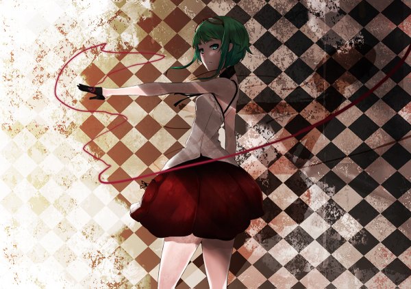 Anime picture 1200x847 with vocaloid uso to diamond (vocaloid) gumi mille (dieci) single short hair green eyes green hair checkered girl gloves sunglasses thread red thread