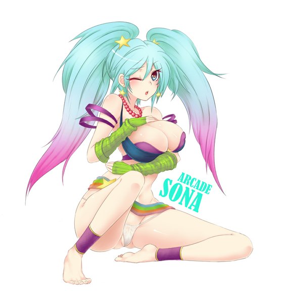 Anime picture 870x919 with league of legends sona buvelle arcade sona (league of legends) fuya (tempupupu) single long hair tall image looking at viewer blush fringe breasts open mouth blue eyes light erotic simple background large breasts white background twintails pink hair bent knee (knees)