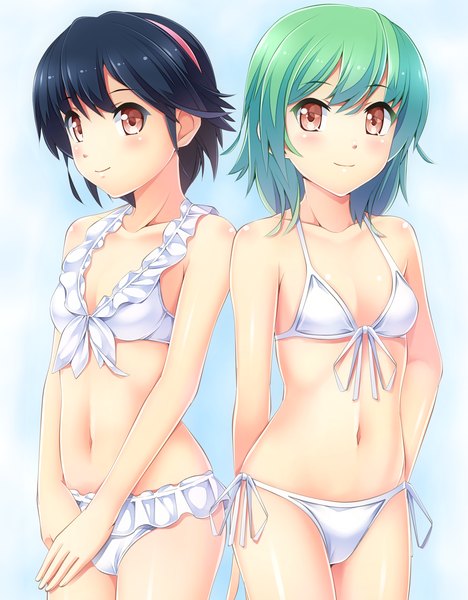 Anime picture 1950x2500 with power pro kun pocket komimiyako tall image highres short hair light erotic black hair smile red eyes multiple girls green hair girl navel 2 girls swimsuit bikini hairband white bikini