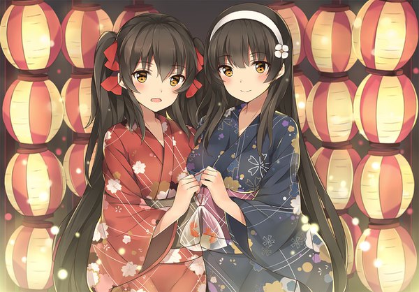 Anime picture 1300x906 with girls frontline type 95 (girls frontline) qbz-97 (girls frontline) yukinoshita (shaonjishi) long hair looking at viewer blush fringe open mouth black hair smile twintails multiple girls holding yellow eyes traditional clothes japanese clothes floral print girl 2 girls