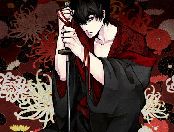 Anime picture 1050x800 with gintama sunrise (studio) hijikata toshiro single looking at viewer fringe short hair blue eyes black hair hair over one eye open clothes partially open clothes boy flower (flowers) sword katana higanbana
