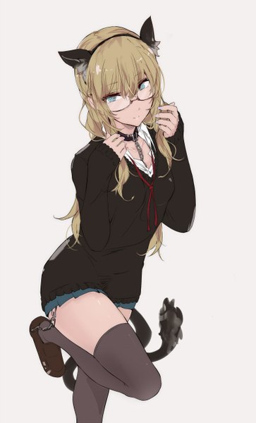 Anime picture 1568x2588 with original touma raito single long hair tall image blue eyes simple background blonde hair smile standing animal ears looking away absurdres bent knee (knees) tail nail polish animal tail pleated skirt cat ears grey background