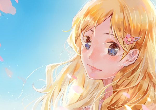 Anime picture 1000x707 with shigatsu wa kimi no uso a-1 pictures miyazono kaori yuxia xianyin single long hair blush blue eyes simple background blonde hair looking away sky light smile close-up blue background girl petals hairclip