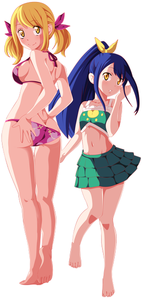 Anime picture 2140x4500 with fairy tail lucy heartfilia wendy marvell tongasart long hair tall image blush highres short hair light erotic blonde hair twintails multiple girls yellow eyes blue hair ponytail looking back bare belly midriff loli