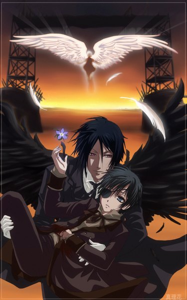 Anime picture 1050x1680 with kuroshitsuji a-1 pictures sebastian michaelis ciel phantomhive angela (kuroshitsuji) tall image looking at viewer short hair blue eyes black hair red eyes multiple boys angel wings black wings butler boy gloves wings necktie bowtie