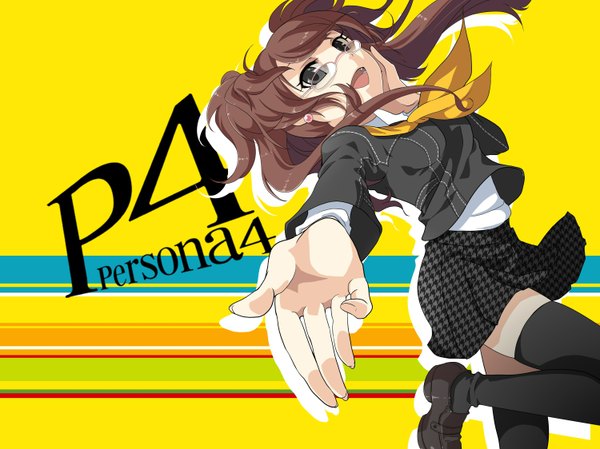 Anime picture 1500x1124 with persona 4 persona kujikawa rise hiiro (kikokico) single short hair brown hair twintails black eyes inscription zettai ryouiki girl thighhighs uniform black thighhighs school uniform glasses