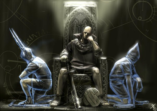 Anime picture 1131x800 with original neg (artist) sitting yellow eyes head rest broken bald boy weapon sword helmet throne