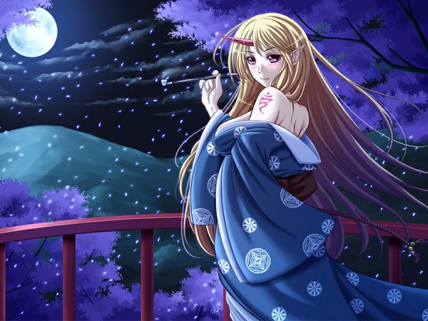 Anime picture 1024x768 with touhou hoshiguma yuugi hoshiguma yuugi (promo) blush blonde hair red eyes japanese clothes horn (horns) tattoo cherry blossoms girl petals kimono moon