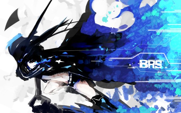 Anime picture 1920x1200 with black rock shooter black rock shooter (character) tone g (artist) long hair highres blue eyes black hair wide image twintails glowing glowing eye (eyes) girl weapon shorts cloak bikini top