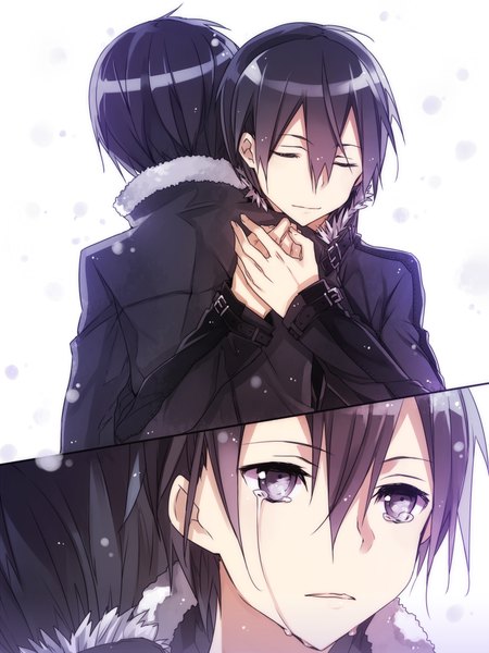 Anime picture 750x1000 with sword art online a-1 pictures kirigaya kazuto jianmo sl tall image short hair black hair simple background smile white background purple eyes eyes closed hug tears snowing winter back to back dual persona boy